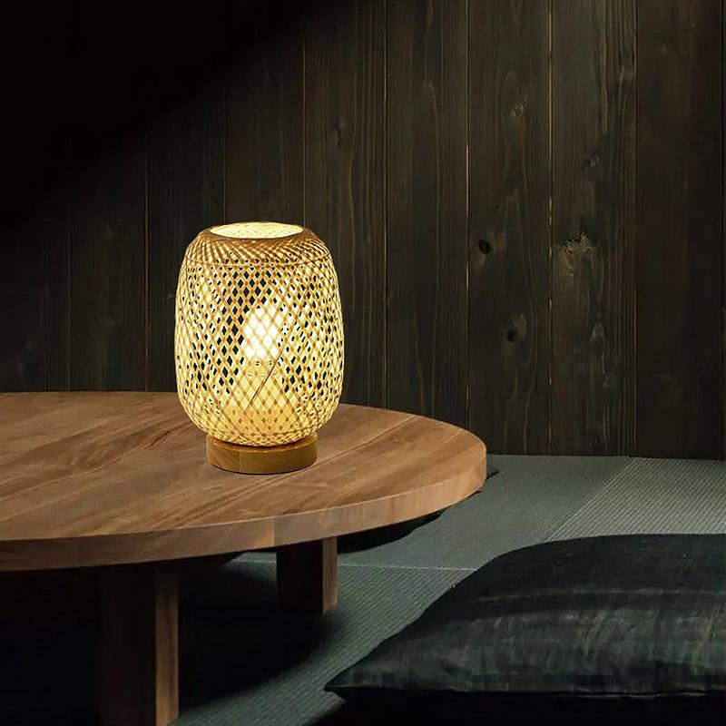 Rattan Bamboo Table Lamps with wood base, E27/E26 LED Natural Woven Bedside Desk NightLight