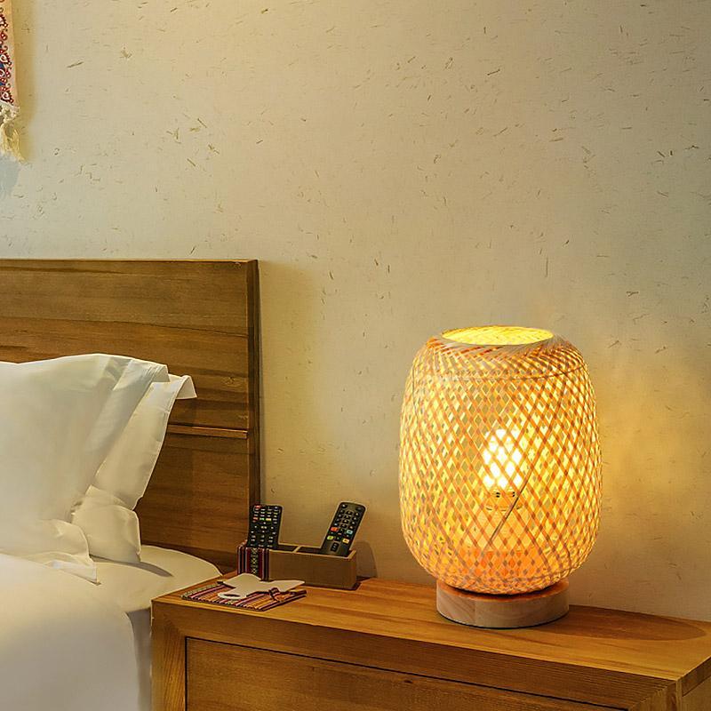 Rattan Bamboo Table Lamps with wood base, E27/E26 LED Natural Woven Bedside Desk NightLight