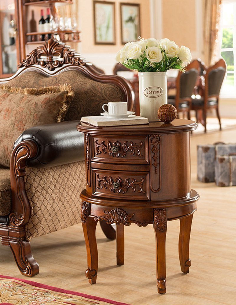 Oval Rubber Wood Side Tables End Tables with 2 Drawers