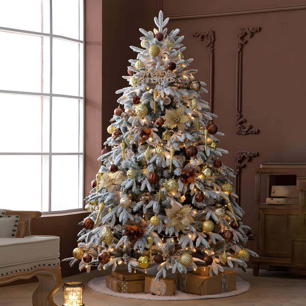 Simulation artificielle de chute de neige, décoration de noël, arbre avec guirlandes lumineuses