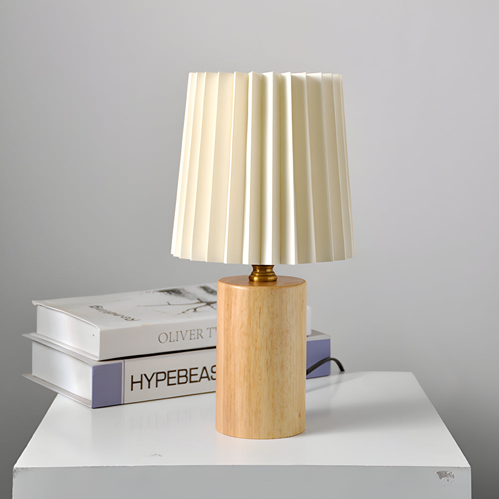 Zylinderförmige Säulen-Tischlampe aus plissiertem Trommelholz, Vintage, 1-flammig, wechselbar, E27