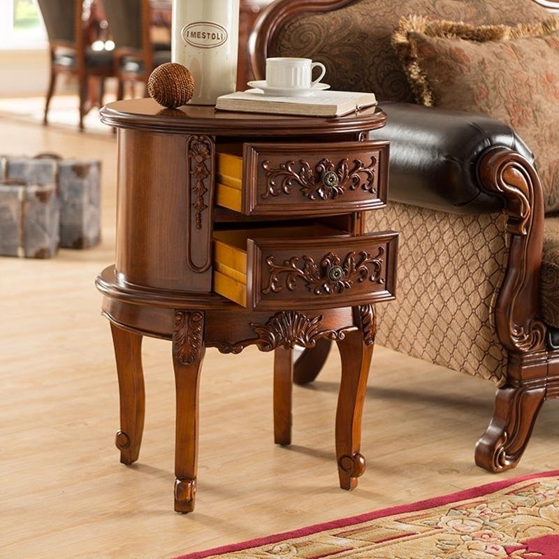 Oval Rubber Wood Side Tables End Tables with 2 Drawers