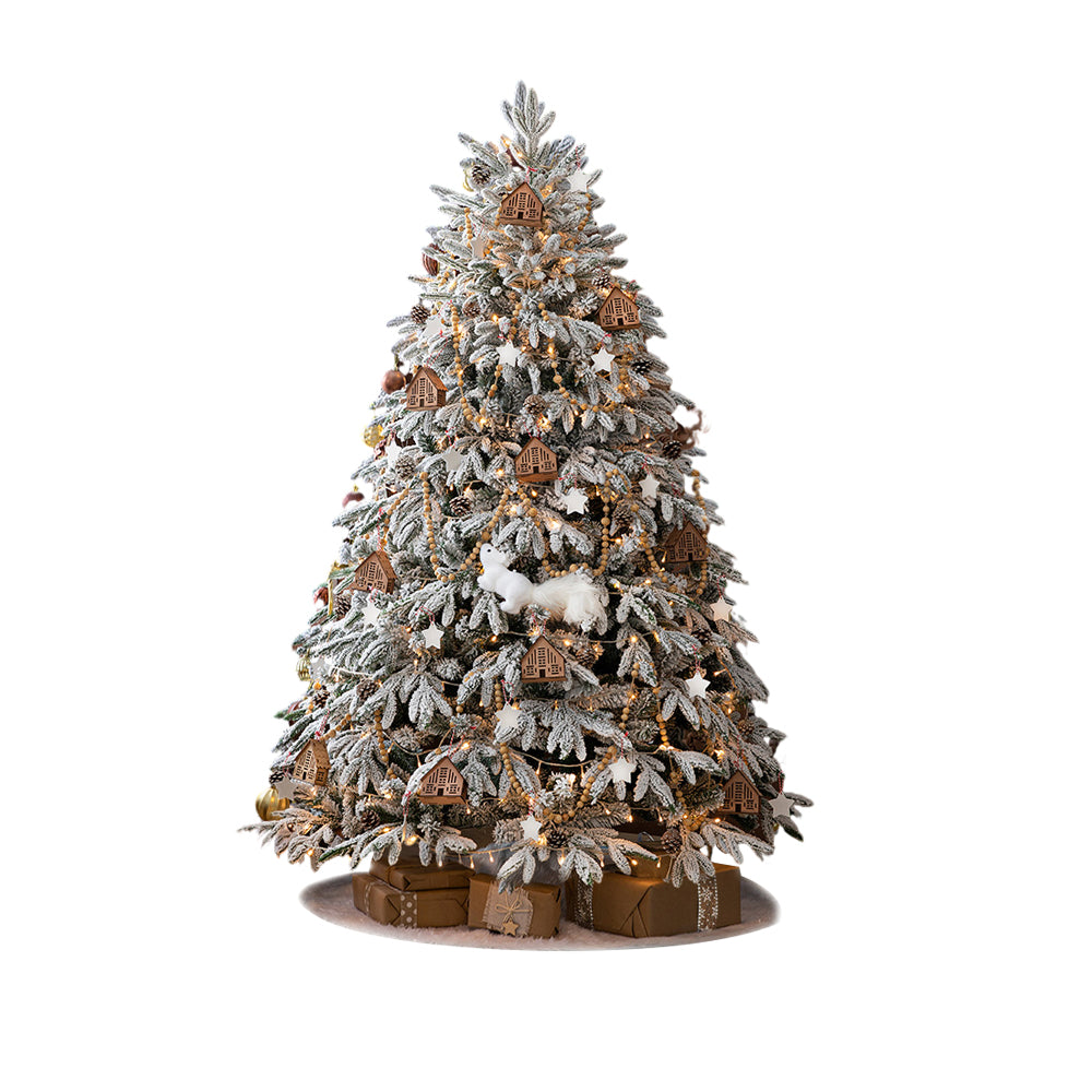 Simulation artificielle de chute de neige, décoration de noël, arbre avec guirlandes lumineuses