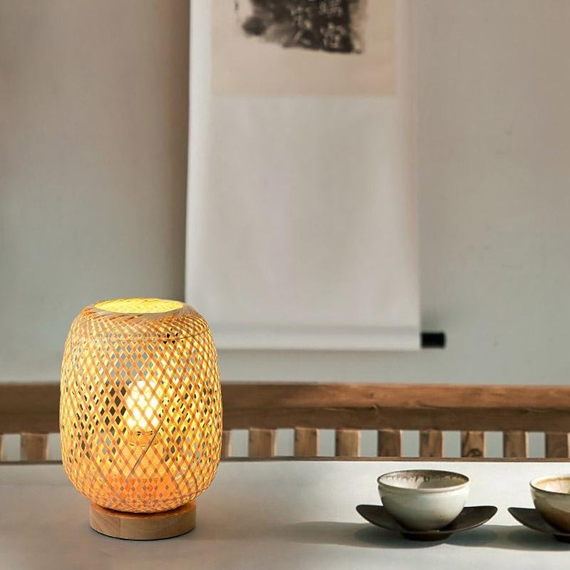 Rattan Bamboo Table Lamps with wood base, E27/E26 LED Natural Woven Bedside Desk NightLight