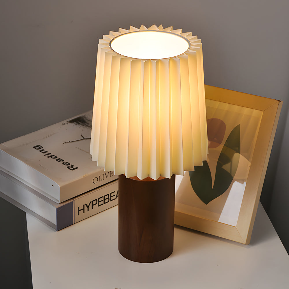 Zylinderförmige Säulen-Tischlampe aus plissiertem Trommelholz, Vintage, 1-flammig, wechselbar, E27