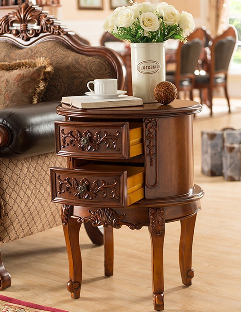 Oval Rubber Wood Side Tables End Tables with 2 Drawers