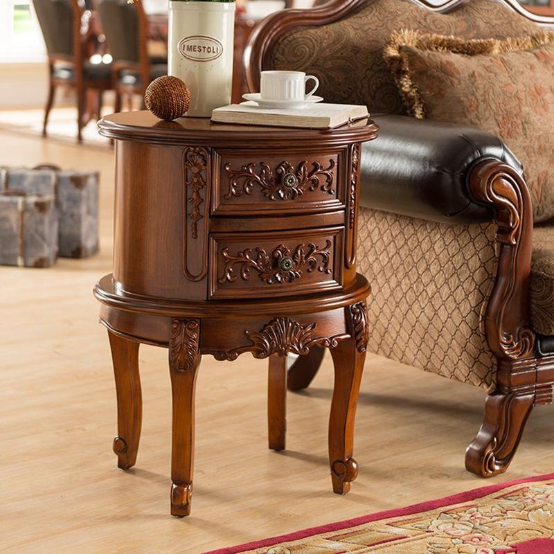 Oval Rubber Wood Side Tables End Tables with 2 Drawers