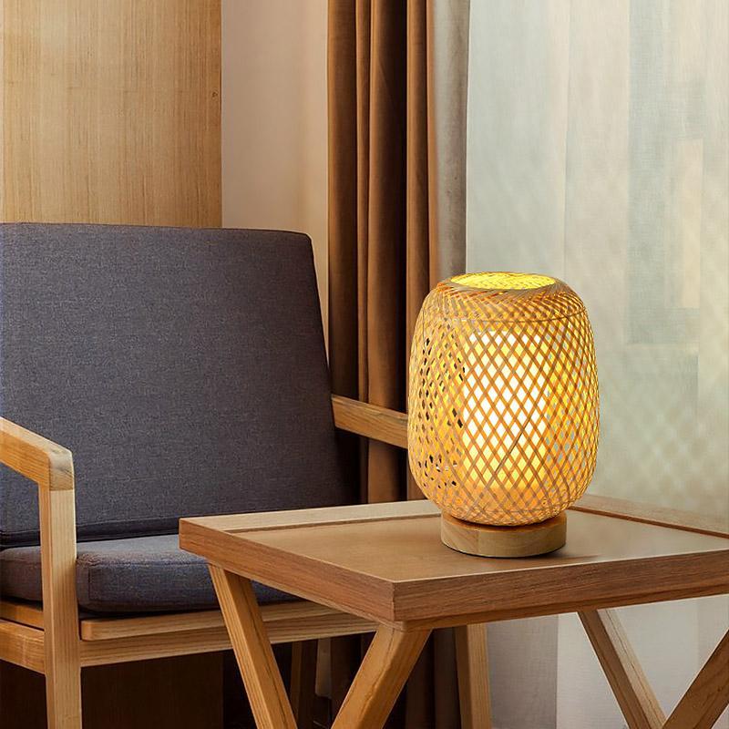 Rattan Bamboo Table Lamps with wood base, E27/E26 LED Natural Woven Bedside Desk NightLight