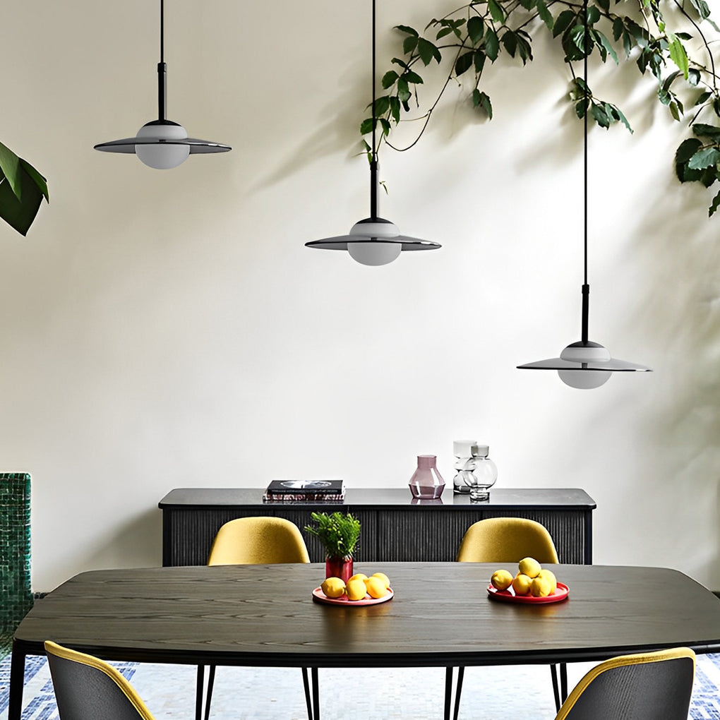 Minimalistischer Glas-UFO-LED-Schwarz-Nordic-Kronleuchter, Küchen-Pendelleuchte