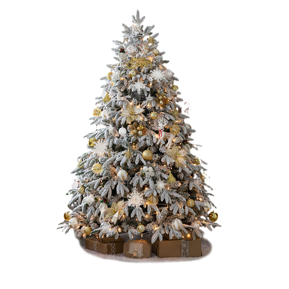 Simulation artificielle de chute de neige, décoration de noël, arbre avec guirlandes lumineuses