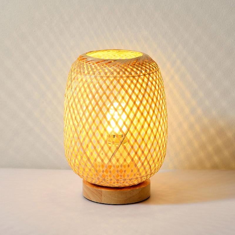 Rattan Bamboo Table Lamps with wood base, E27/E26 LED Natural Woven Bedside Desk NightLight