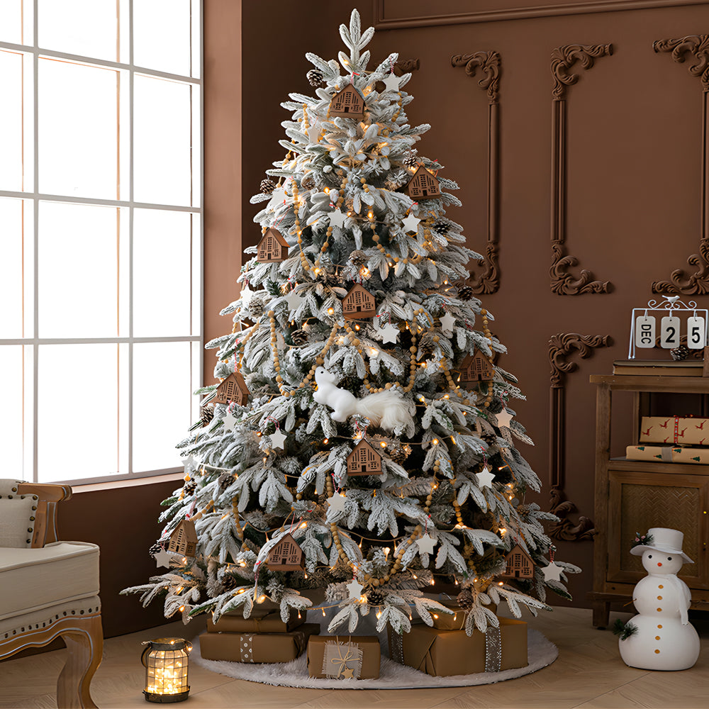 Simulation artificielle de chute de neige, décoration de noël, arbre avec guirlandes lumineuses