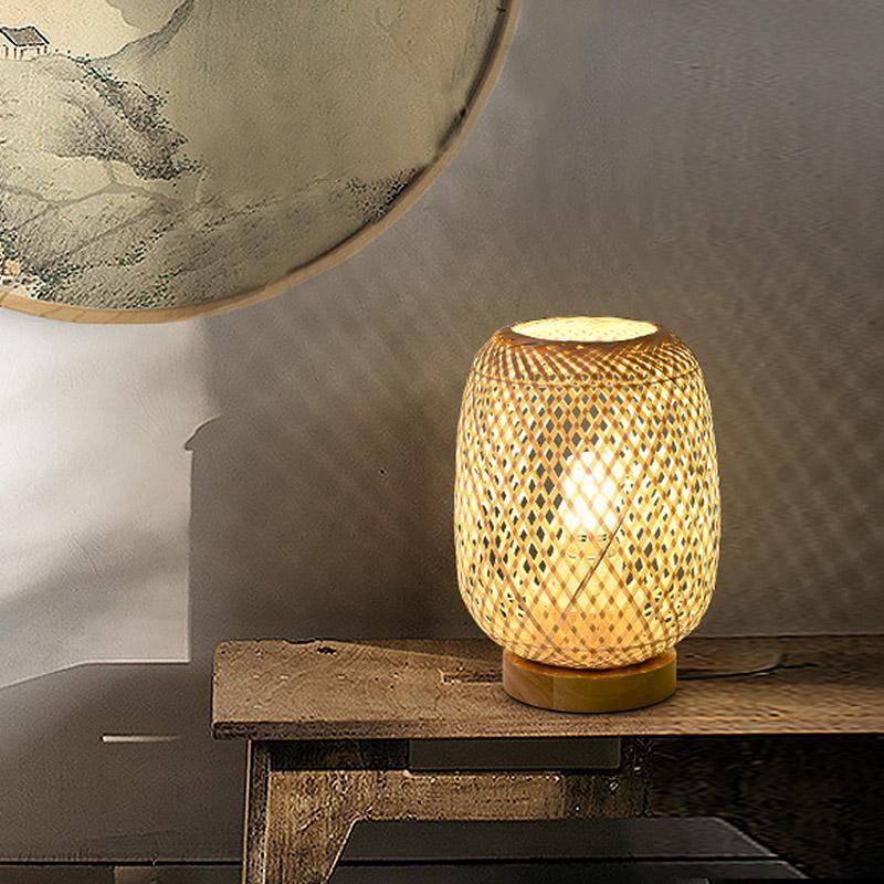 Rattan Bamboo Table Lamps with wood base, E27/E26 LED Natural Woven Bedside Desk NightLight