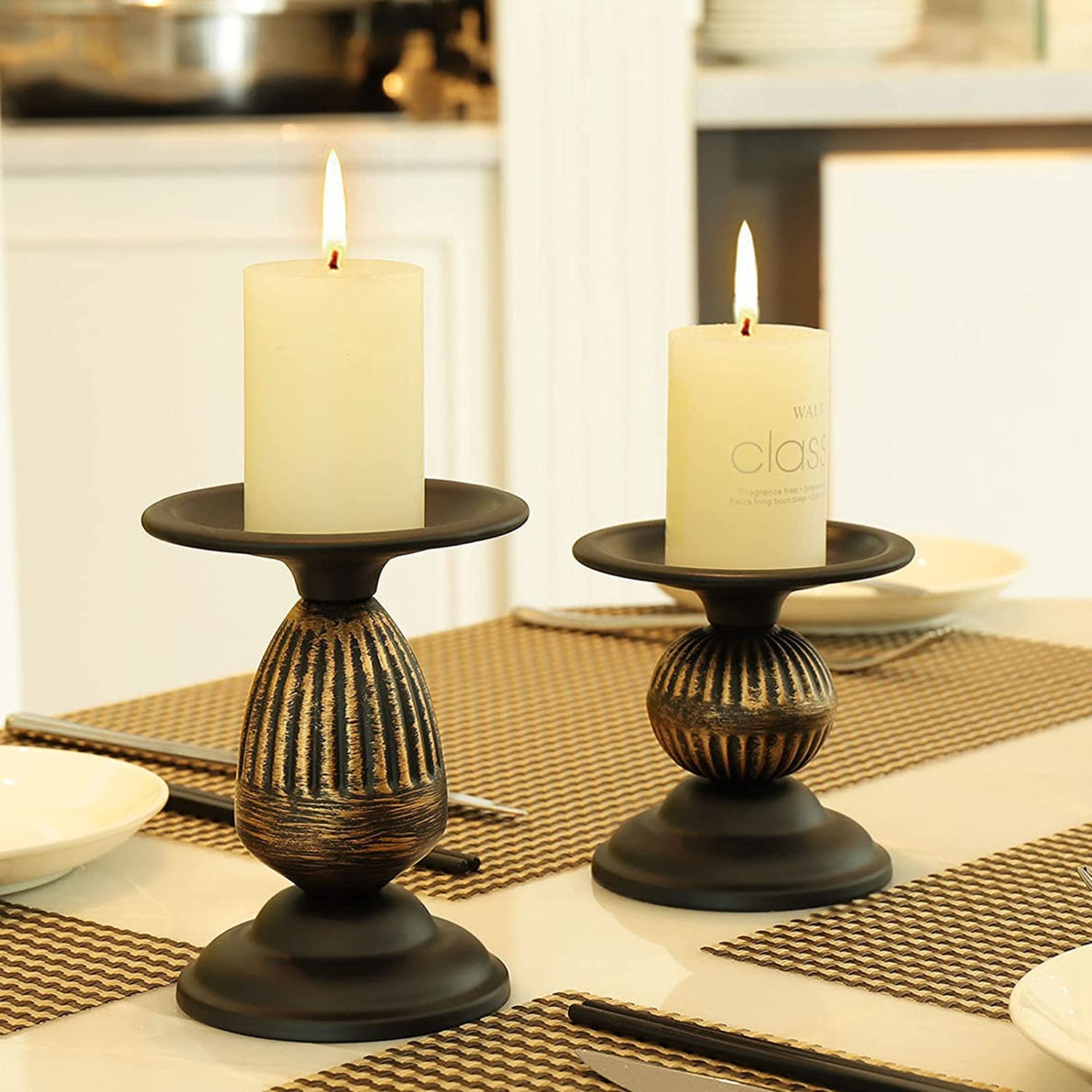 Rustic Pillar Candle Holder Gold Black Candlestick Holder Set of 2