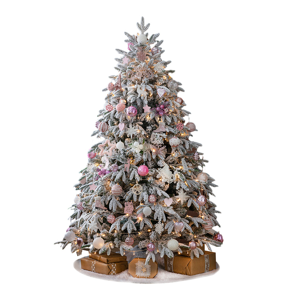 Simulation artificielle de chute de neige, décoration de noël, arbre avec guirlandes lumineuses